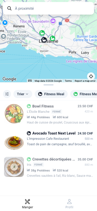 FitFoodies — map of healthy dishes nearby with protein and calorie counts