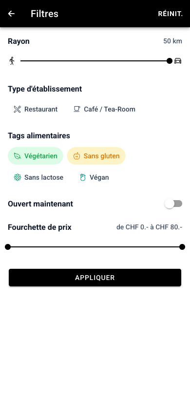 FitFoodies — filters for dietary tags, price range and search radius